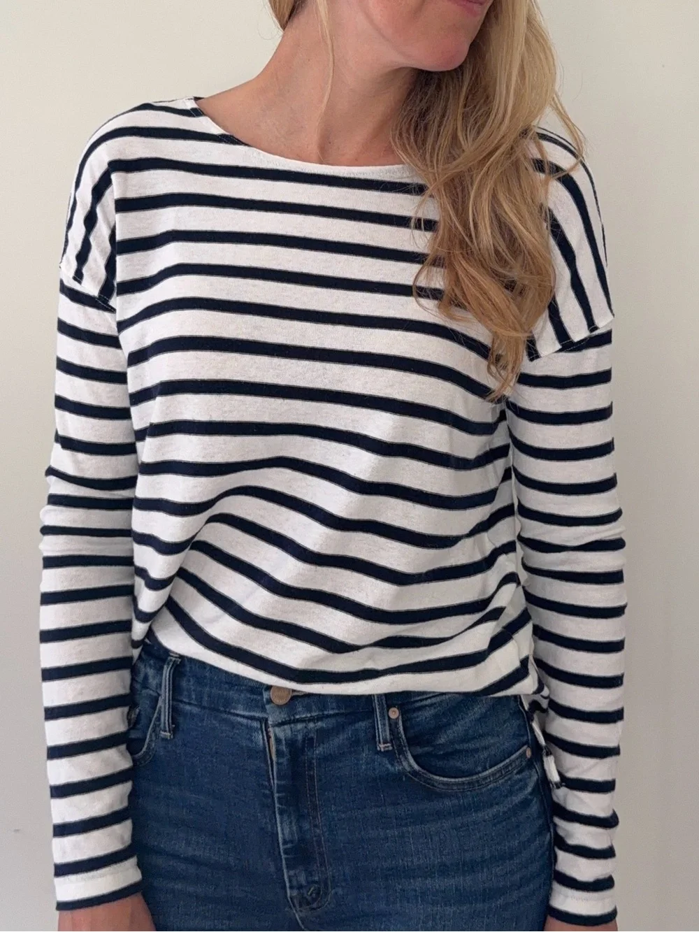 J. Crew Navy and White Striped Long-Sleeve Boatneck Top